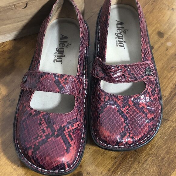 Alegria Mary Jane Clog Womens 37 Red Black Snakeskin Embossed Feliz Shoe Nursing - Picture 10 of 16
